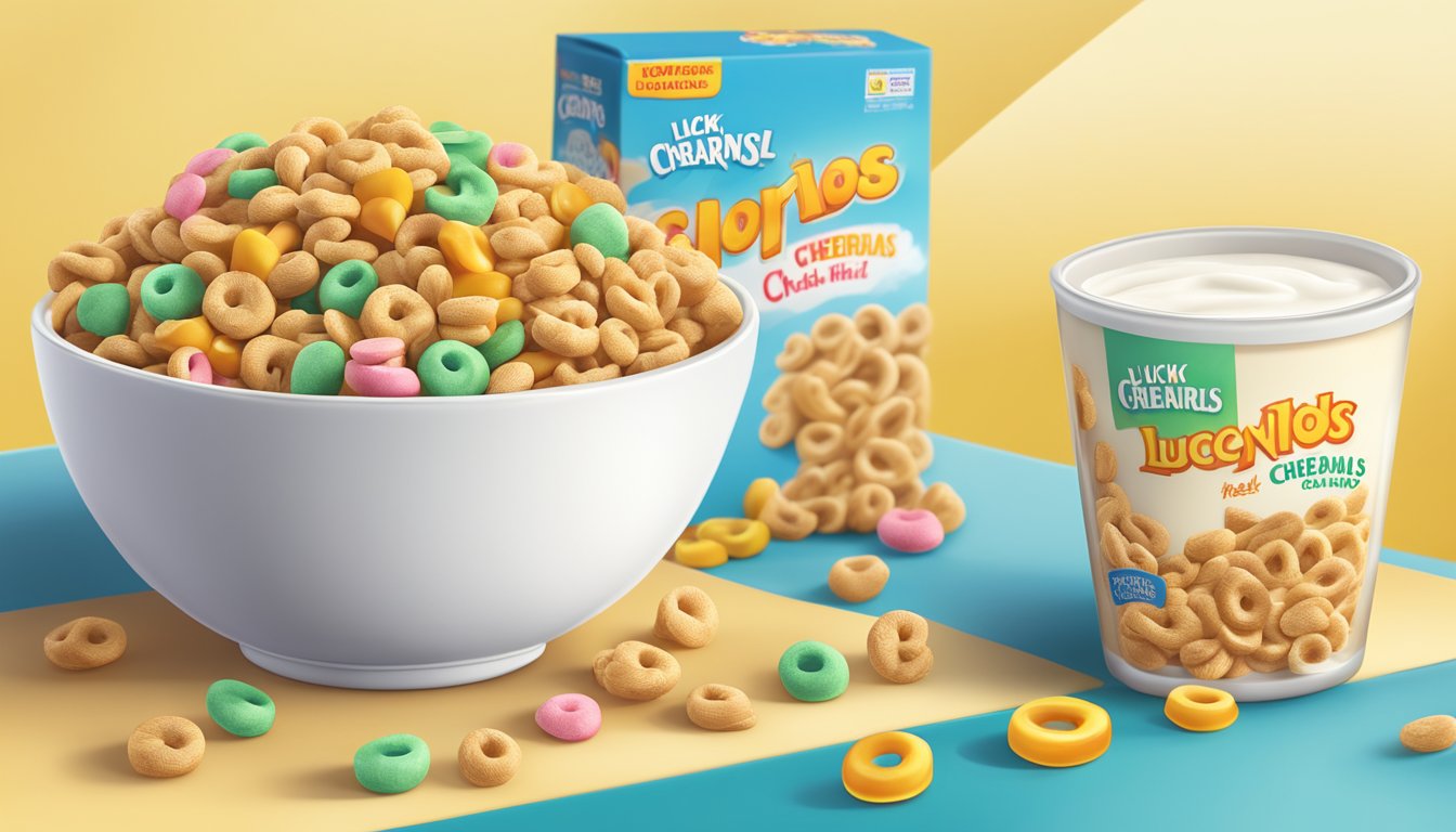 A bowl of honey nut cheerios and lucky charms side by side, surrounded by fresh fruits and a glass of milk, with a nutritional label in the background