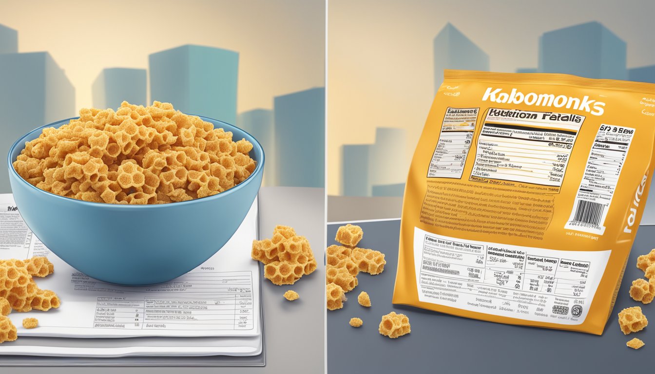 A bowl of honeycomb cereal next to a bowl of Kaboom cereal, surrounded by nutritional information labels