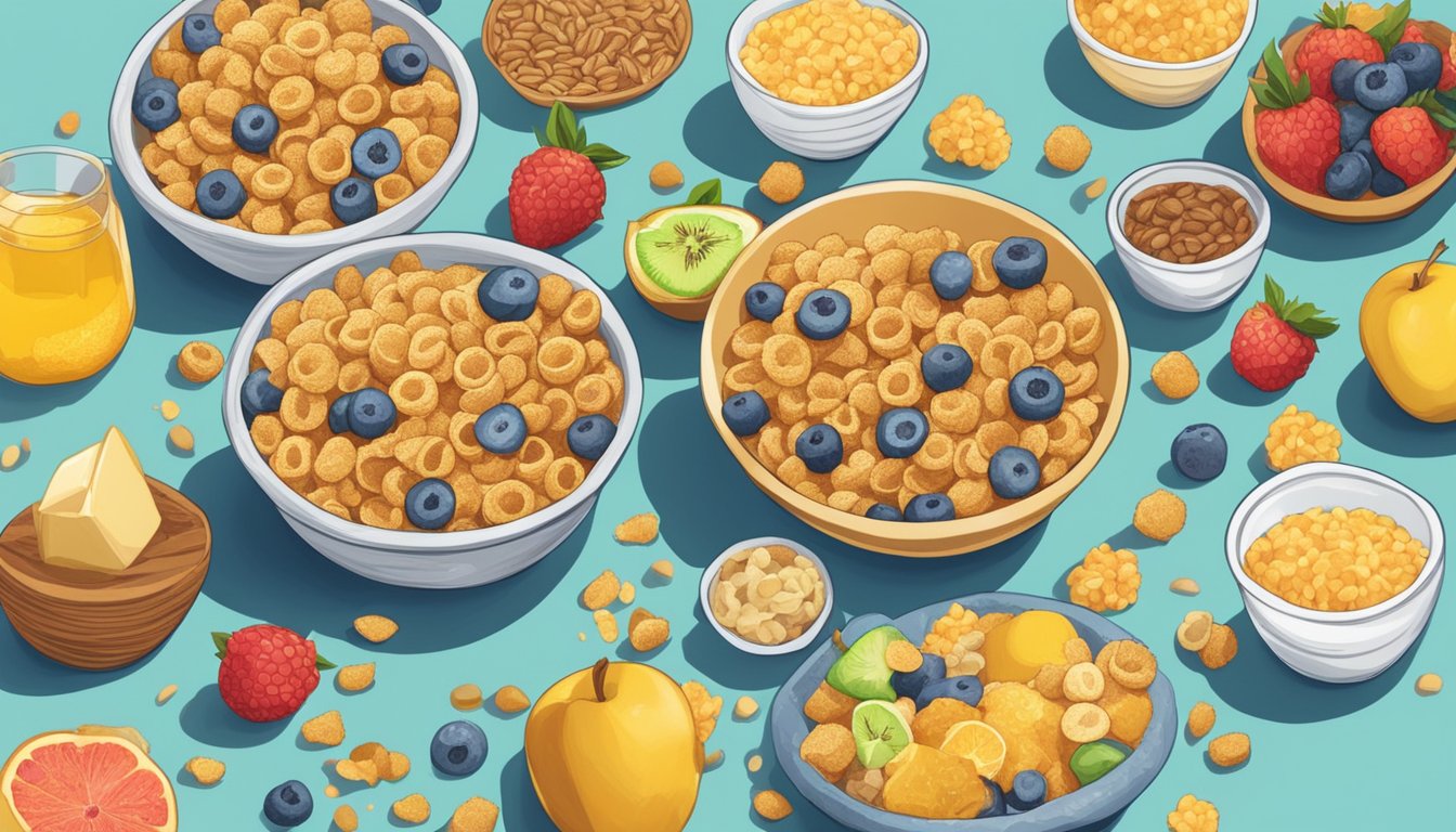 A table with two bowls of cereal, one labeled "honeycomb" and the other "kaboom," surrounded by various ingredient boxes and fresh fruit