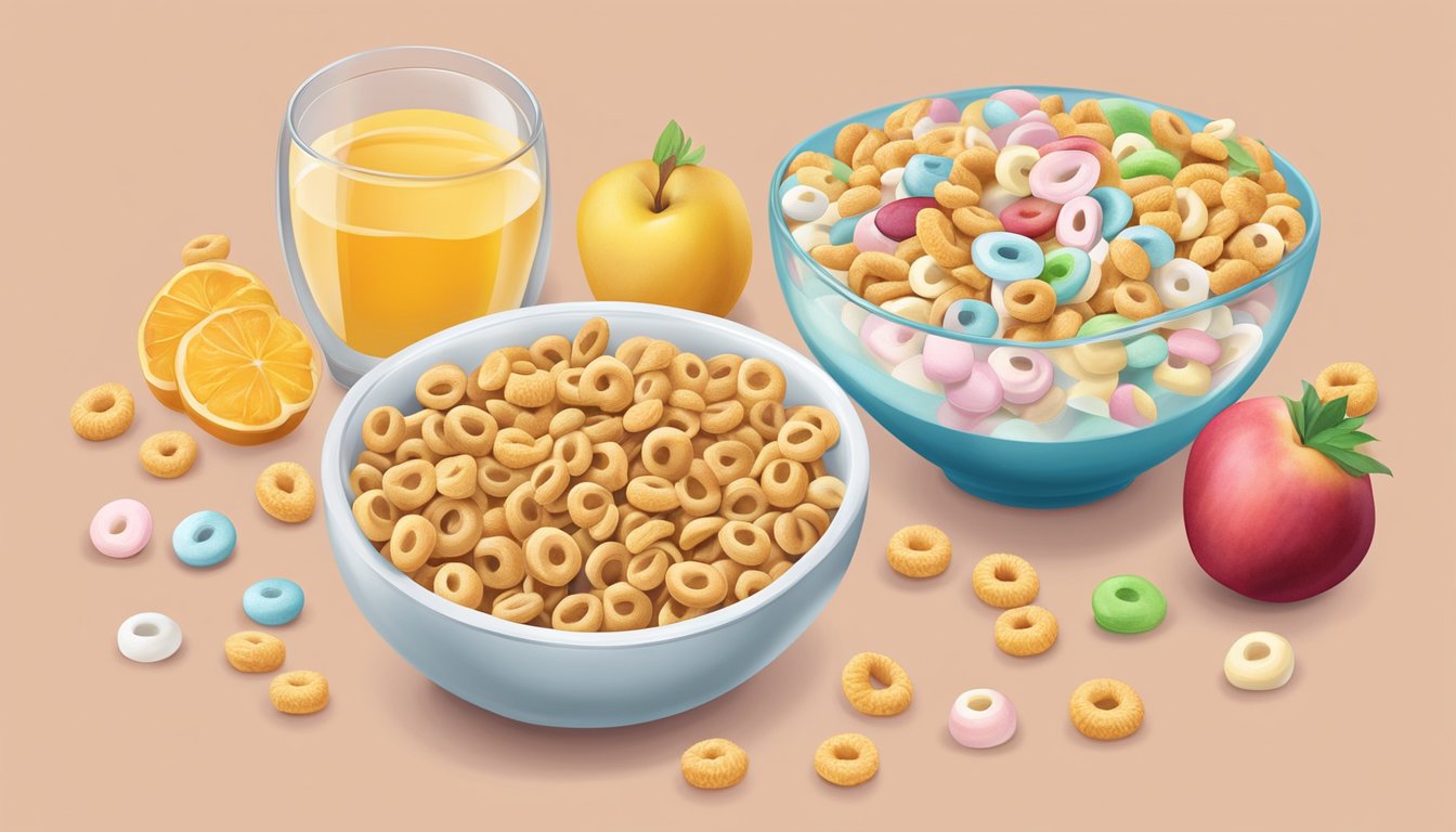 A bowl of honey nut cheerios next to a bowl of lucky charms, surrounded by various fruits and a glass of milk