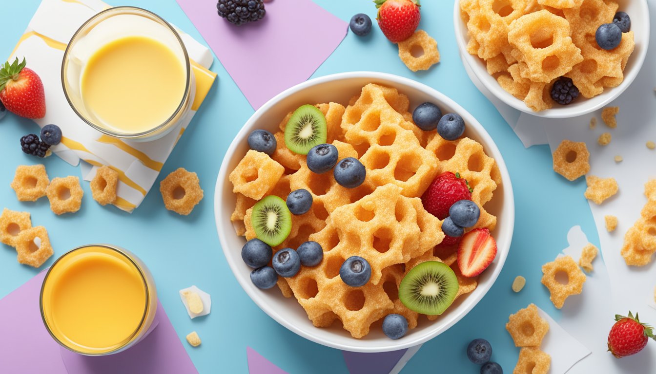 A bowl of honeycomb cereal next to a bowl of Kaboom cereal, surrounded by fresh fruit and a glass of milk