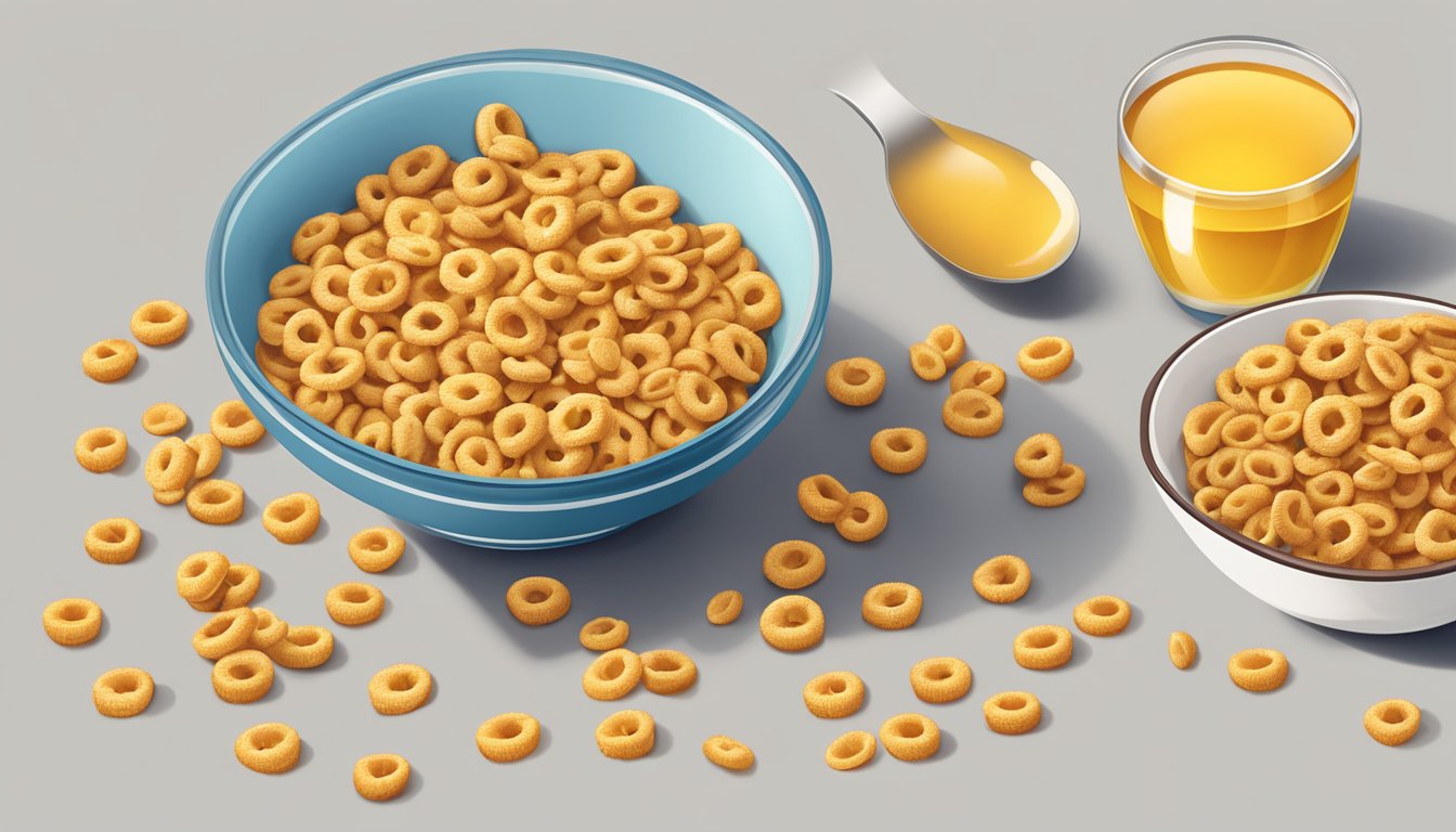 A bowl of Honey Nut Cheerios next to a bowl of Waffle Crisp, surrounded by scattered cereal pieces and a measuring tape