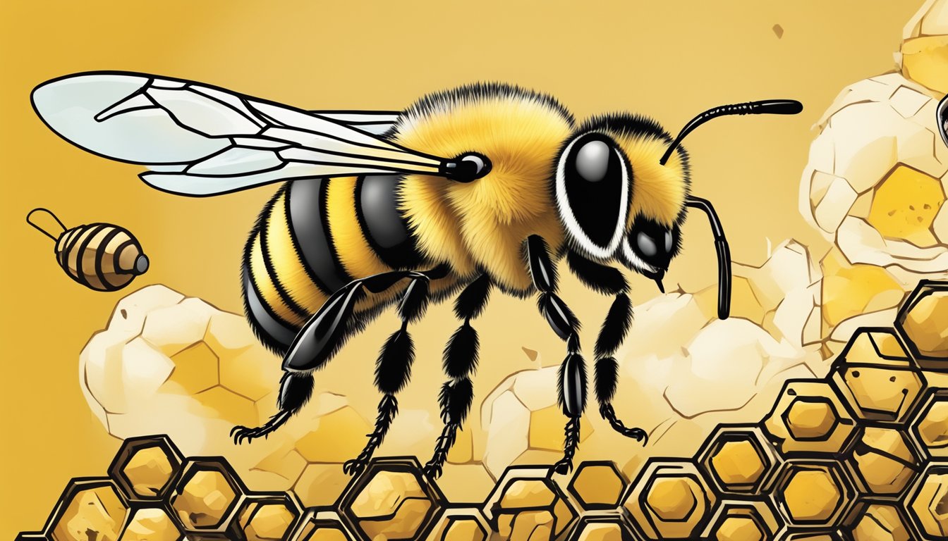 A honeybee hovering over a honeycomb and a stick of dynamite labeled "kaboom," with a question mark above them