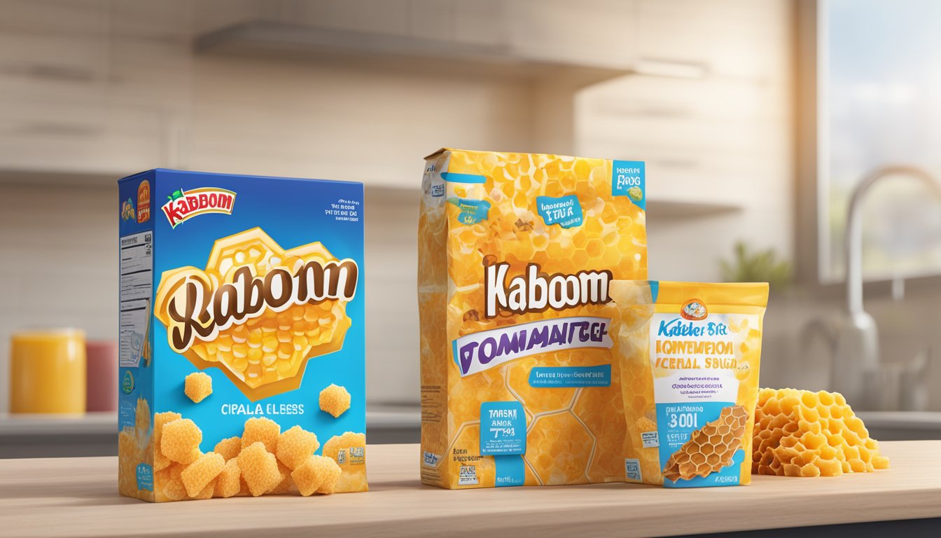 A honeycomb and a box of kaboom cereal sit side by side on a countertop. The honeycomb is surrounded by fresh fruit, while the kaboom box is surrounded by sugar packets and a nutrition label