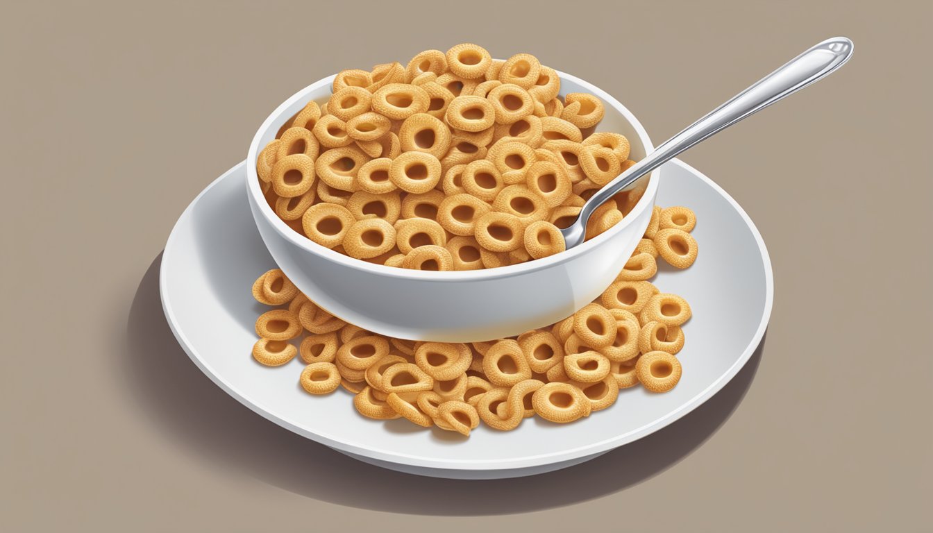 A bowl of honey nut cheerios and waffle crisp side by side, with a spoon and a glass of milk