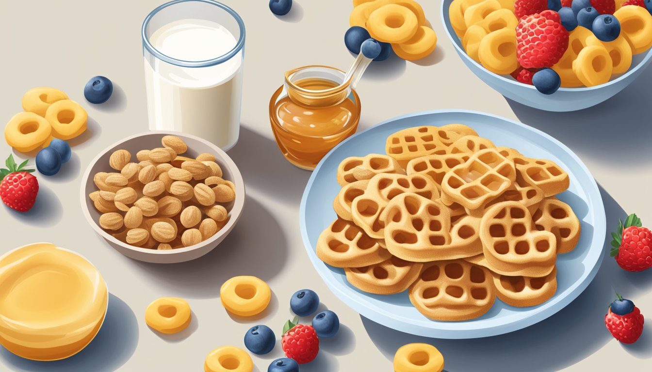 A bowl of honey nut cheerios next to a bowl of waffle crisp, surrounded by fresh fruit and a glass of milk