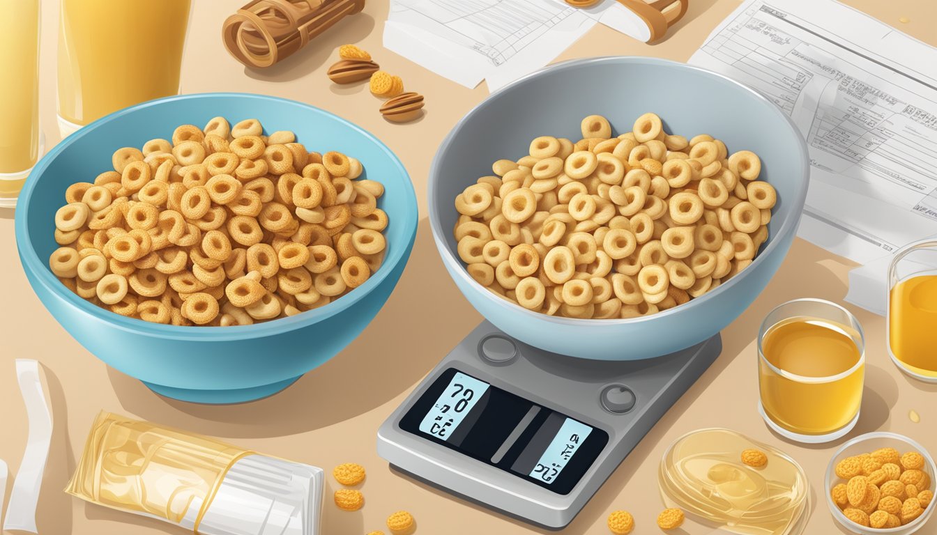 A bowl of Honey Nut Cheerios and Waffle Crisp side by side, surrounded by a tape measure, nutrition labels, and a scale