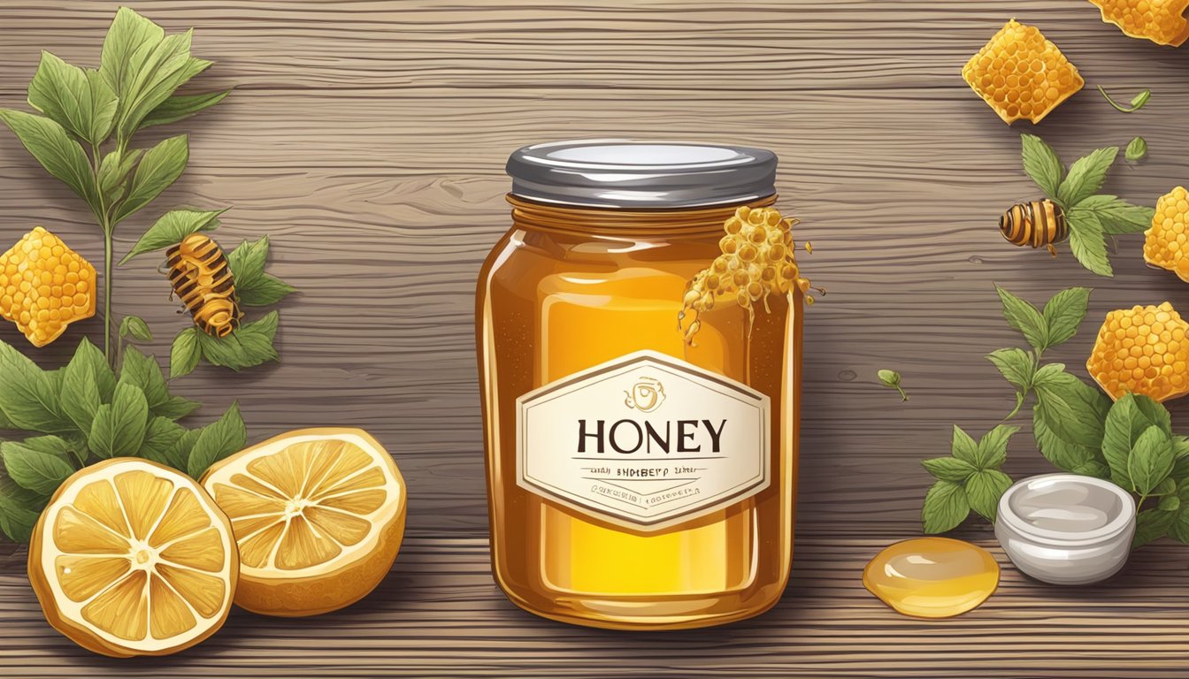 A jar of honey sits next to a honeycomb on a wooden table. Fruits and herbs surround them, suggesting a natural and healthy choice