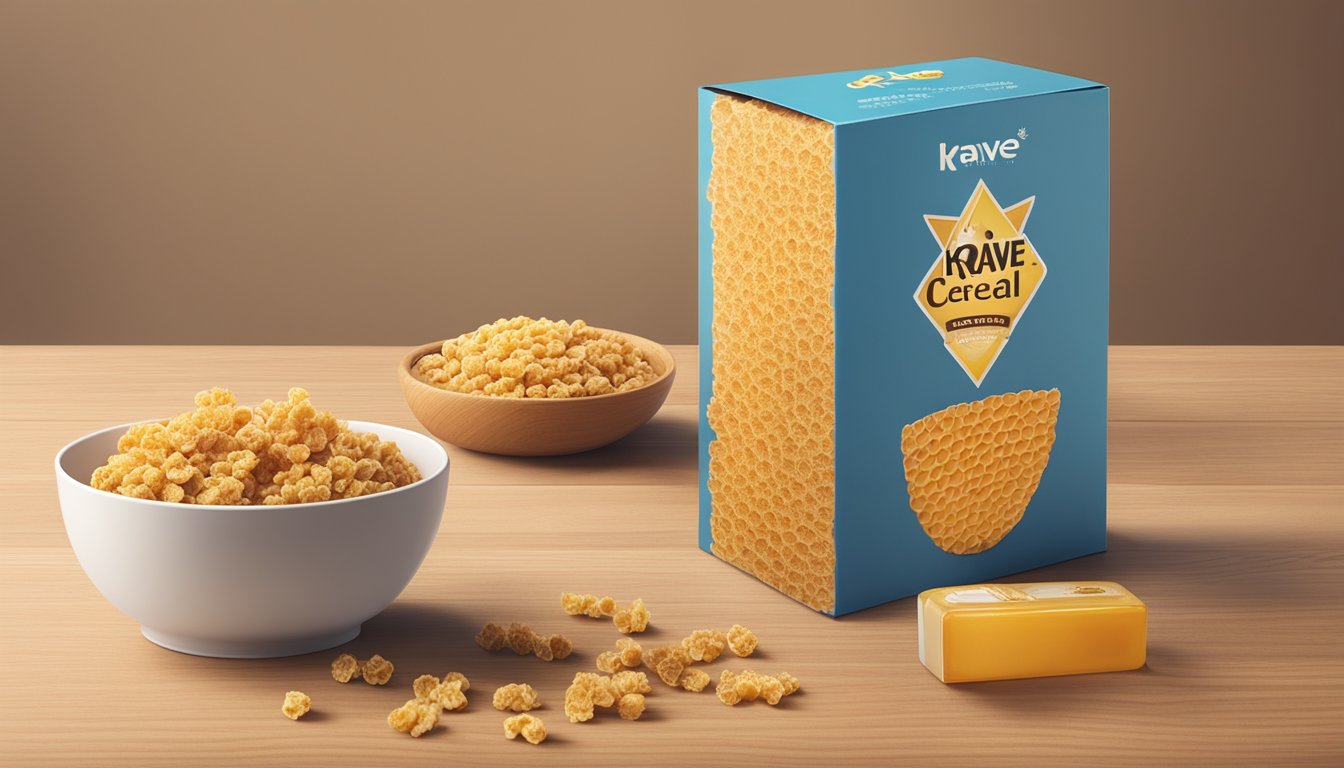 A honeycomb and a box of Krave cereal sit side by side on a wooden table, surrounded by scattered oats and honey