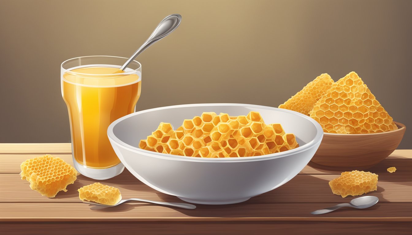 A bowl of honey ohs and a bowl of honeycomb cereal sit side by side on a wooden table, with a glass of milk and a spoon nearby