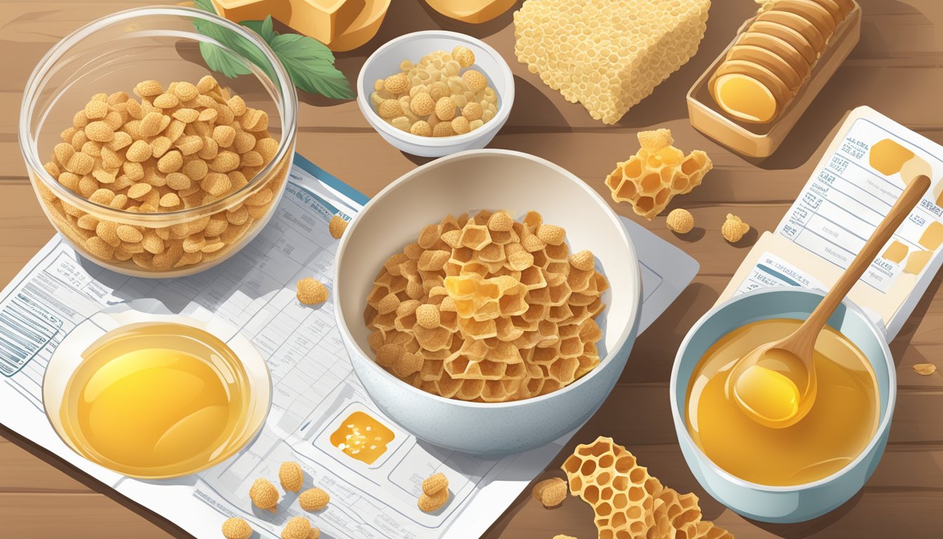 A table with a bowl of honey Ohs cereal on one side and a bowl of honeycomb cereal on the other, surrounded by various nutritional labels and ingredients