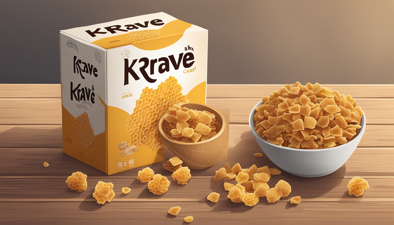 A honeycomb and a box of Krave cereal sit side by side on a rustic wooden table, surrounded by scattered oats and dried fruit