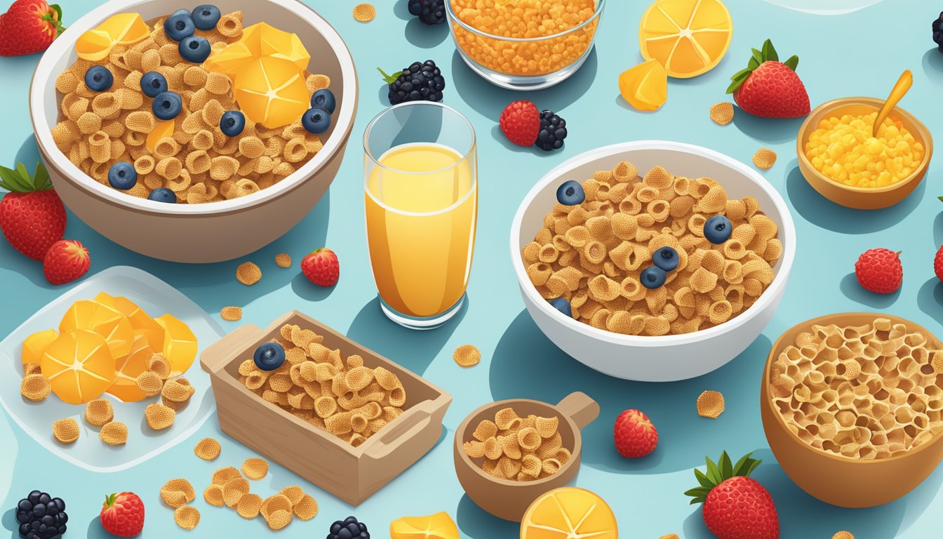 A table with a bowl of honeycomb cereal and a bowl of Krave cereal, surrounded by fresh fruit and a glass of milk