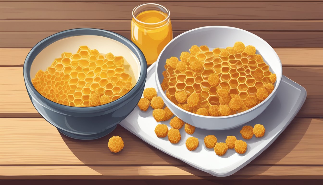 A bowl of honey ohs and a bowl of honeycomb cereal sit side by side on a wooden table, surrounded by fresh fruit and a glass of milk