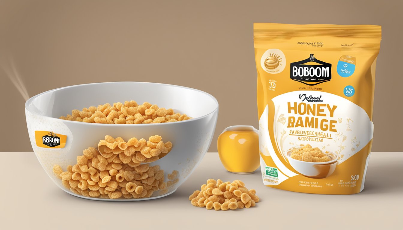 A bowl of honey ohs and kaboom cereal next to each other with a nutrition label visible