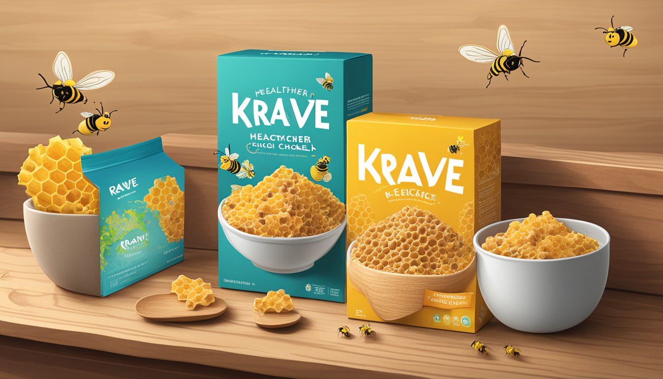 A honeycomb and a box of Krave cereal sit on a wooden table. The honeycomb is surrounded by bees, while the Krave box is adorned with a "healthier choice" label