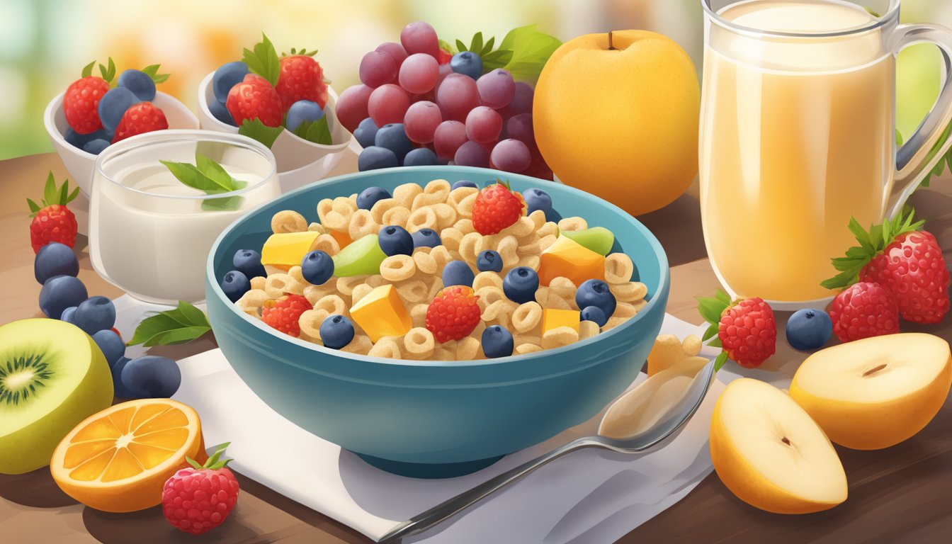 A bowl of honey ohs and kaboom cereal surrounded by a variety of fresh fruits and a glass of milk, with a banner reading "Health Benefits of Cereals" above