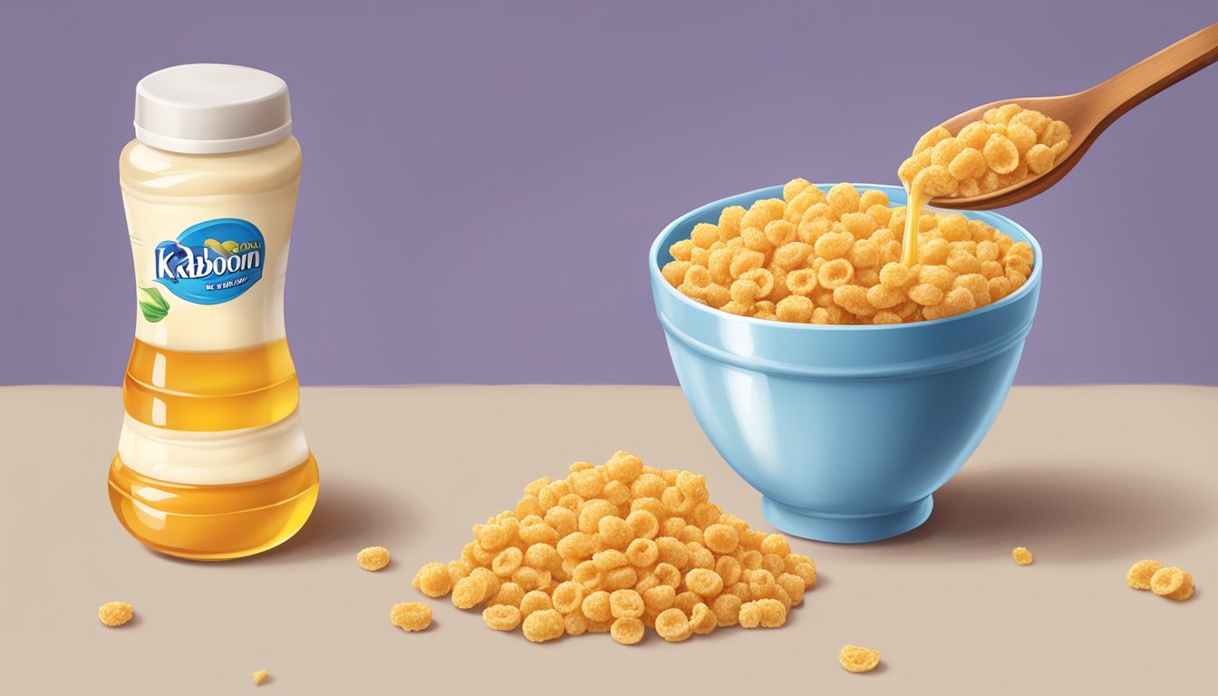 A bowl of honey ohs and kaboom cereal side by side, with a spoon and milk