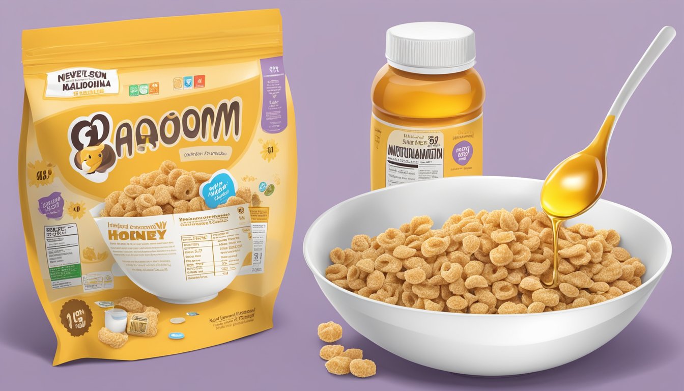 A bowl of honey ohs and kaboom cereal next to a nutritional information label