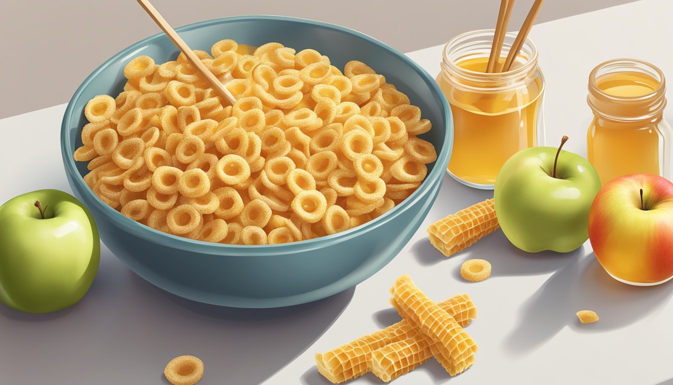 A bowl of Honey Ohs and a bowl of Kellogg's Apple Jacks side by side on a kitchen counter, surrounded by scattered honey and apple slices