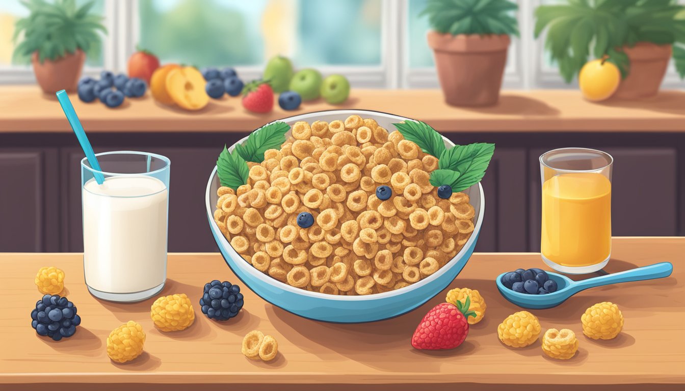 A bowl of Conclusion Honey Ohs and Kaboom cereal side by side, surrounded by fresh fruit and a glass of milk