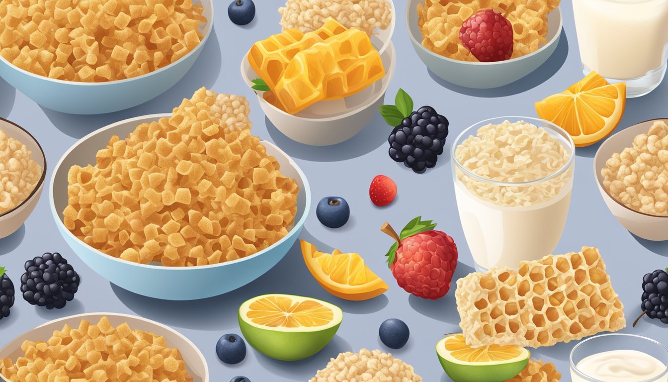 A bowl of honeycomb cereal next to a bowl of rice krispies, surrounded by various fruits and a glass of milk