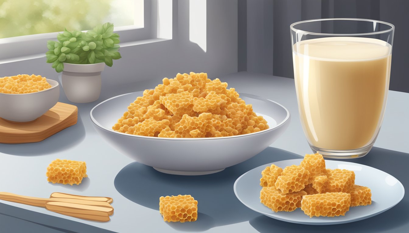 A table with a bowl of honeycomb cereal next to a bowl of rice krispies, surrounded by fruits and a glass of milk