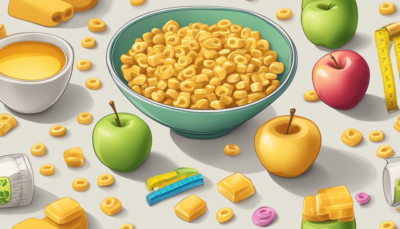 A bowl of Honey Ohs and Lucky Charms side by side, with a measuring tape and apple nearby for comparison