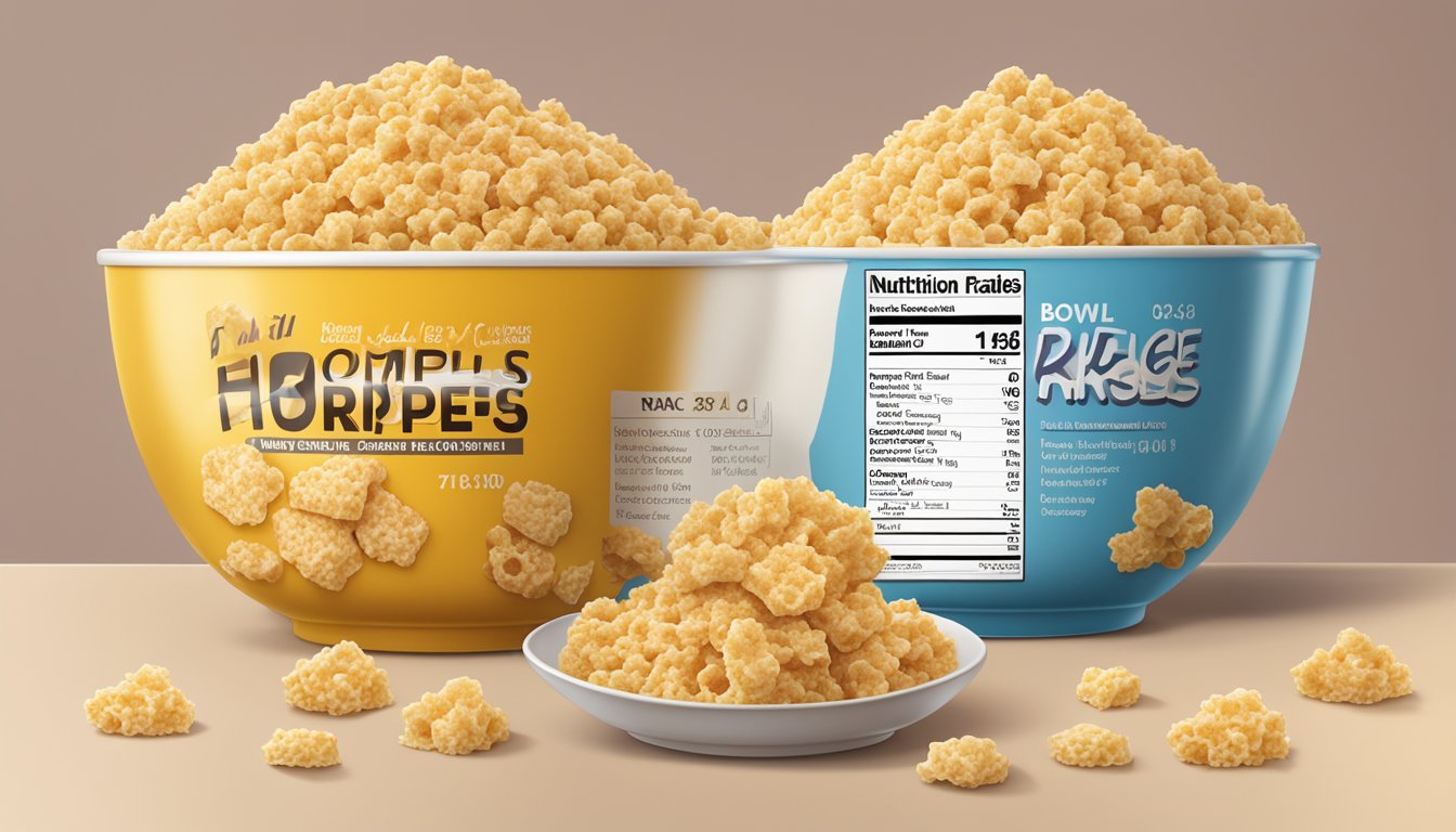 A bowl of honeycomb and rice krispies cereal with nutrition labels and serving sizes displayed next to each other