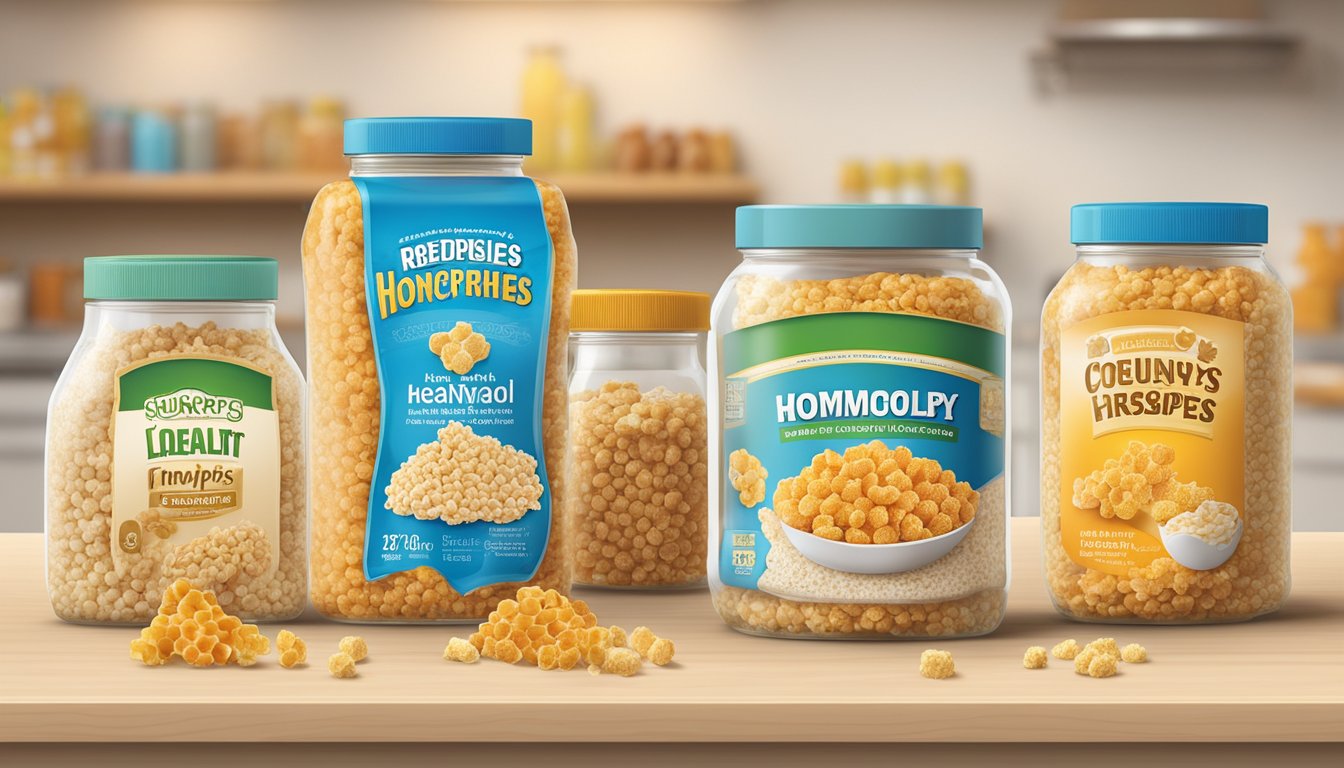 A table displays jars of honeycomb and rice krispies cereal. Nutritional labels are visible, suggesting a comparison of the two products' health benefits