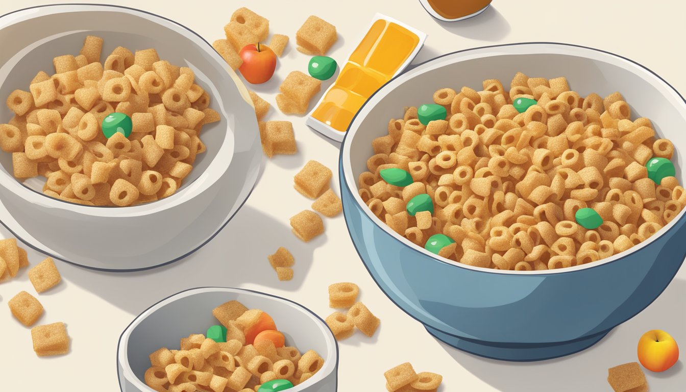 A bowl of honey ohs and a bowl of Kellogg's Apple Jacks side by side, with a nutrition label next to each, surrounded by scattered cereal pieces