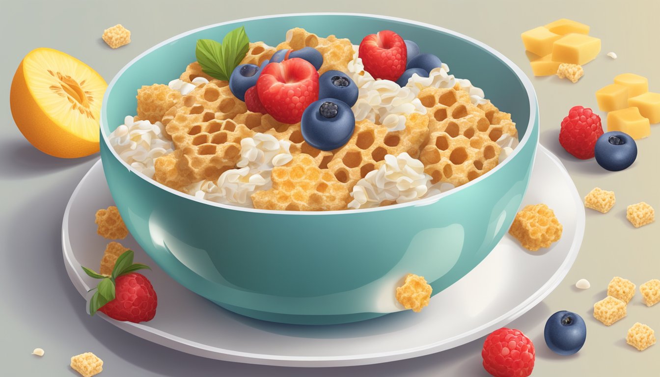 A bowl of cereal with honeycomb and rice krispies surrounded by various fruits and a glass of milk