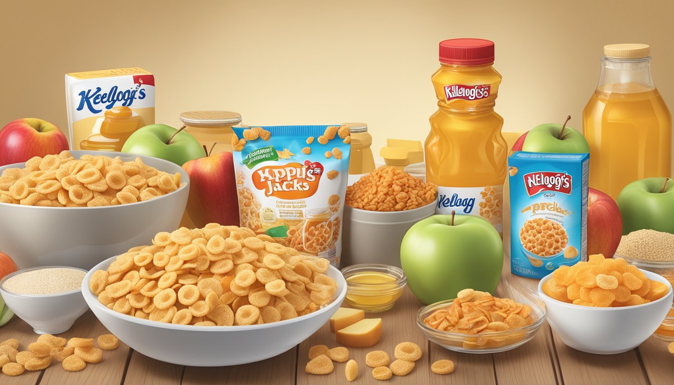 A table with bowls of honey Ohs and Kellogg's Apple Jacks surrounded by scattered ingredients and additives, with a nutrition label in the background