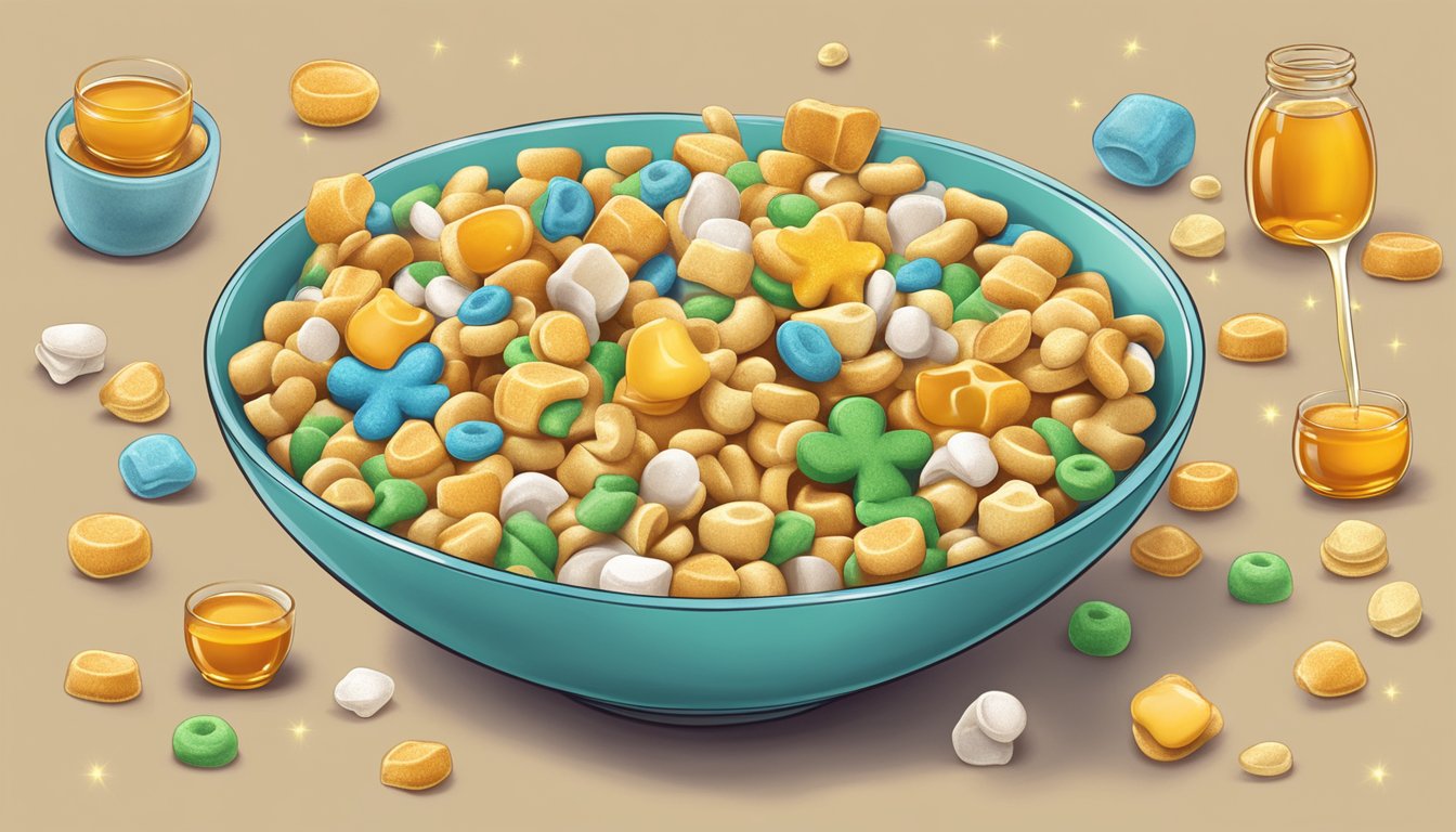 A bowl of honey ohs and lucky charms with ingredient labels