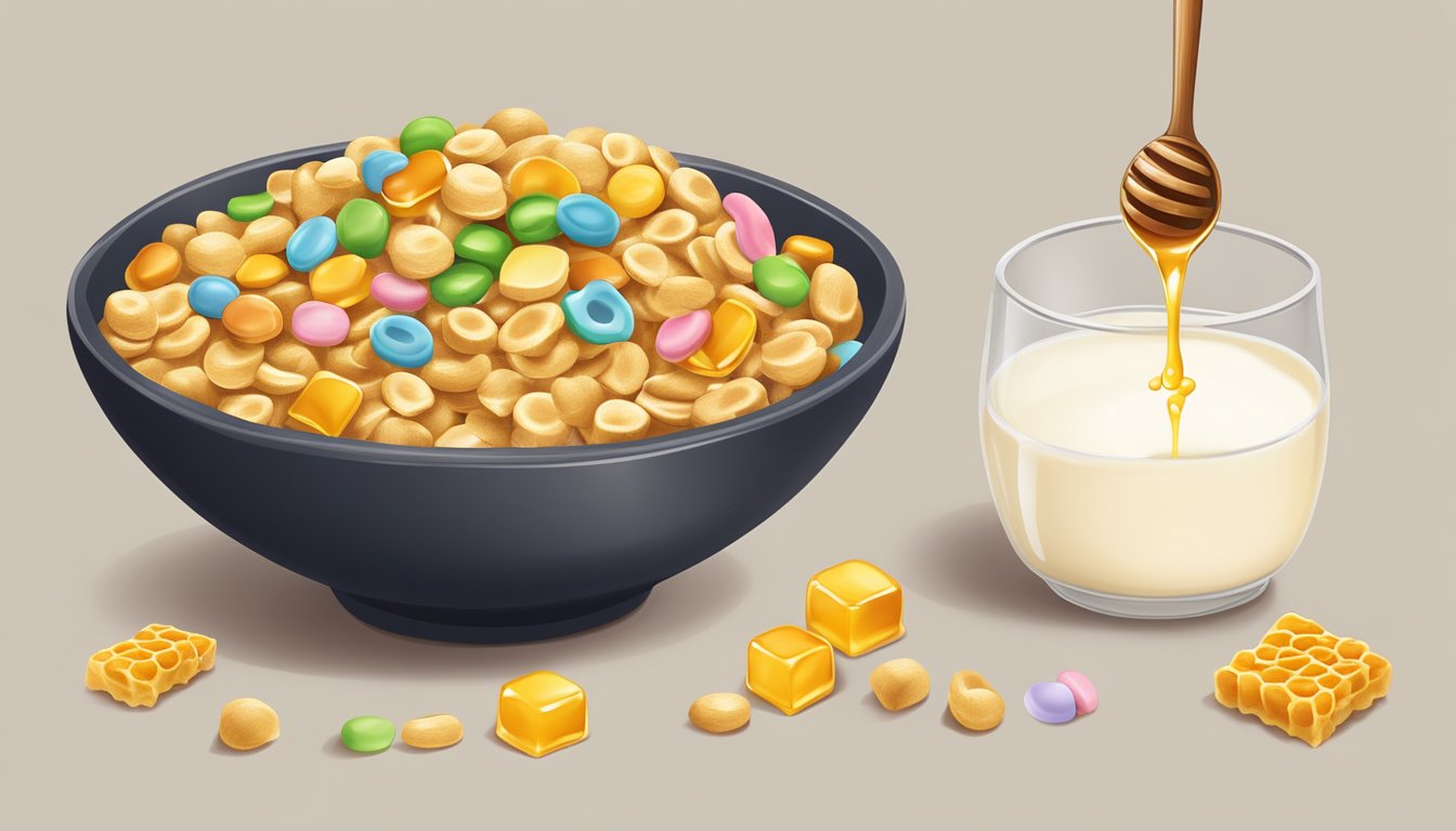 A bowl of Honey Ohs and Lucky Charms side by side, with a spoon and milk