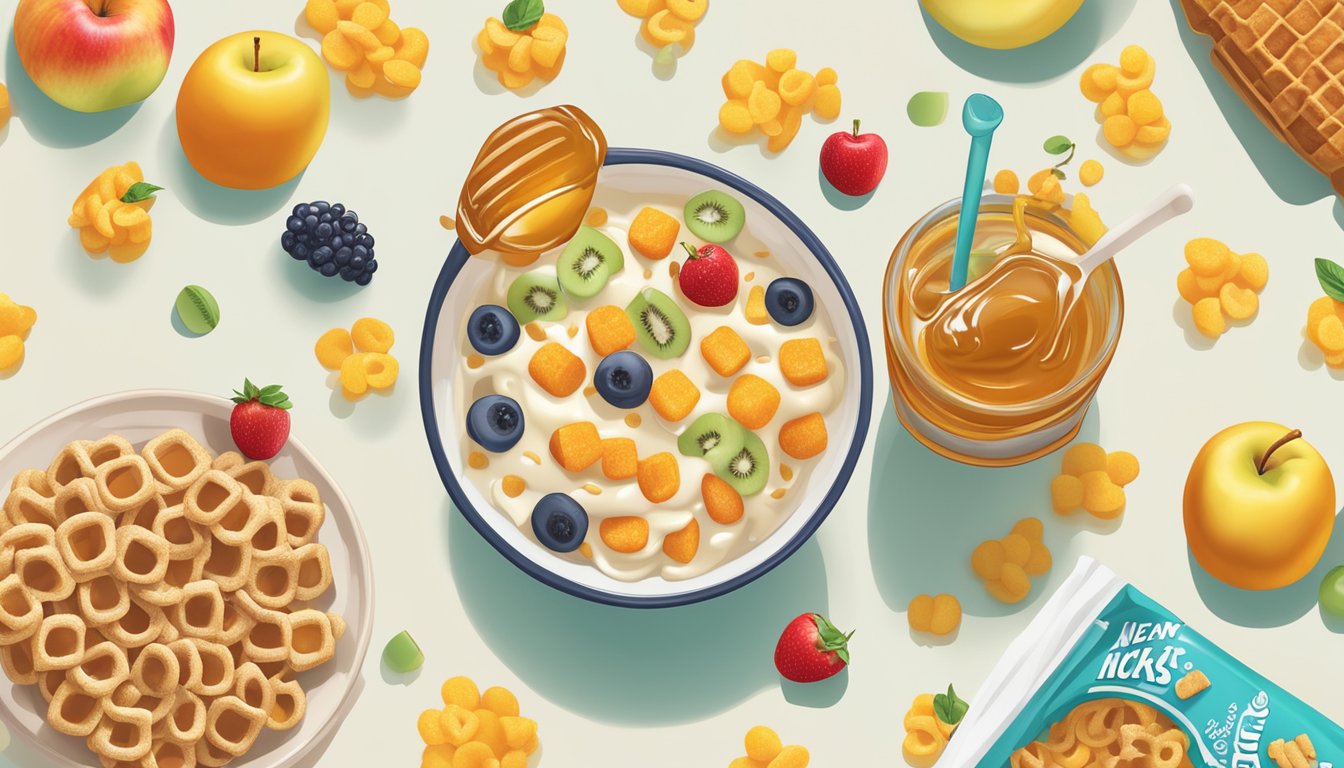 A bowl of Honey Ohs and a bowl of Kellogg's Apple Jacks side by side, surrounded by fresh fruits and a glass of milk