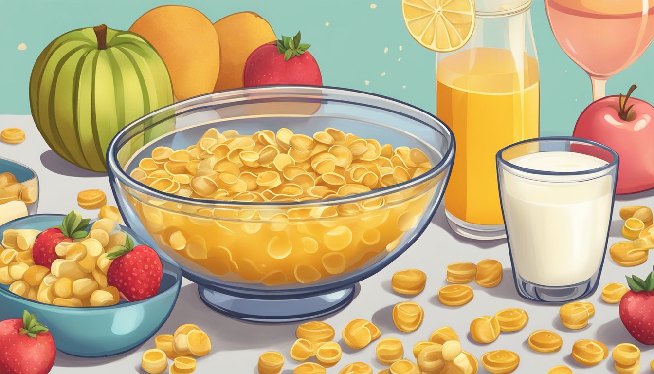 A bowl of Honey Ohs and Lucky Charms side by side, surrounded by various fruits and a glass of milk