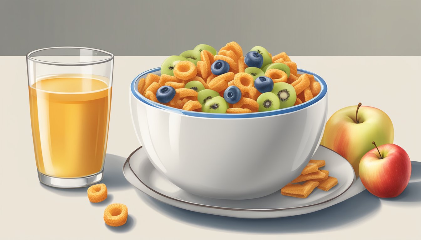 A bowl of Honey Ohs and a bowl of Kellogg's Apple Jacks next to a glass of milk and a plate of fresh fruit