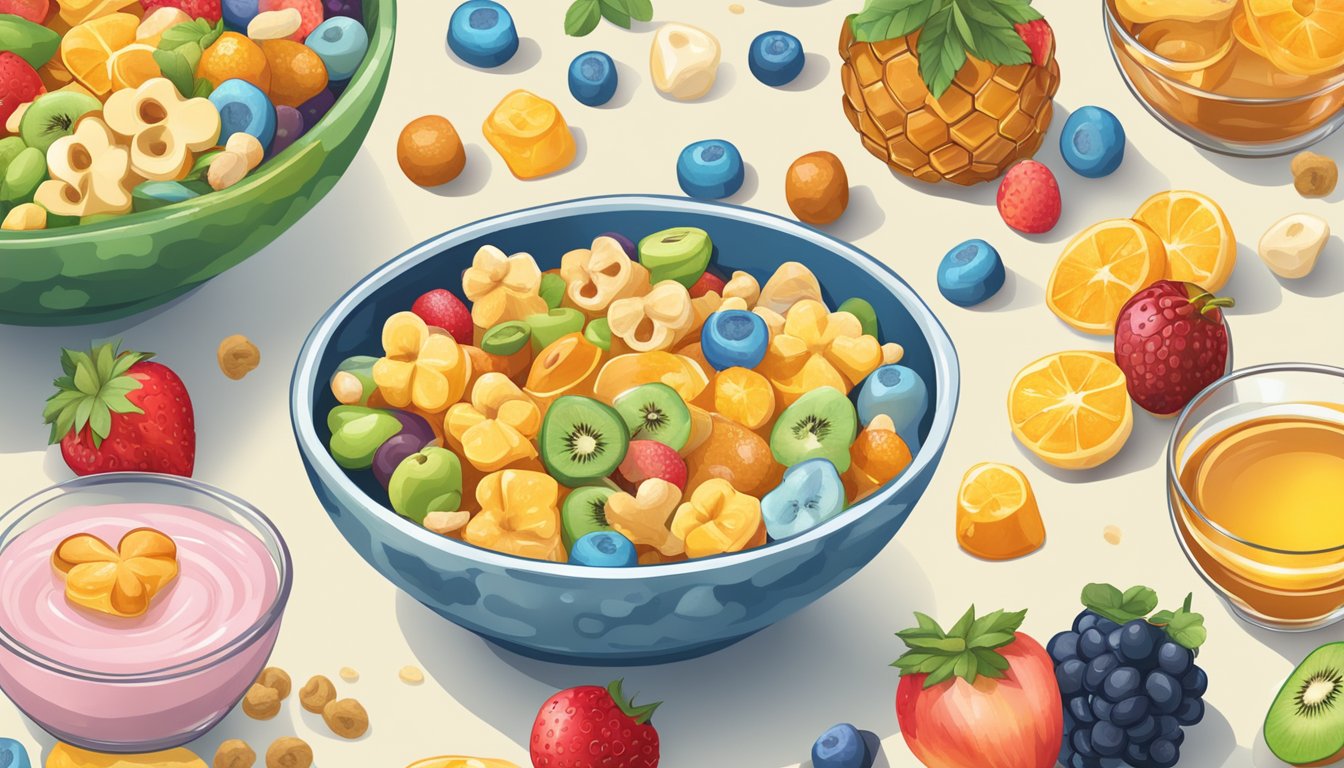 A bowl of honey ohs and lucky charms side by side, surrounded by a variety of fresh fruits and a glass of milk