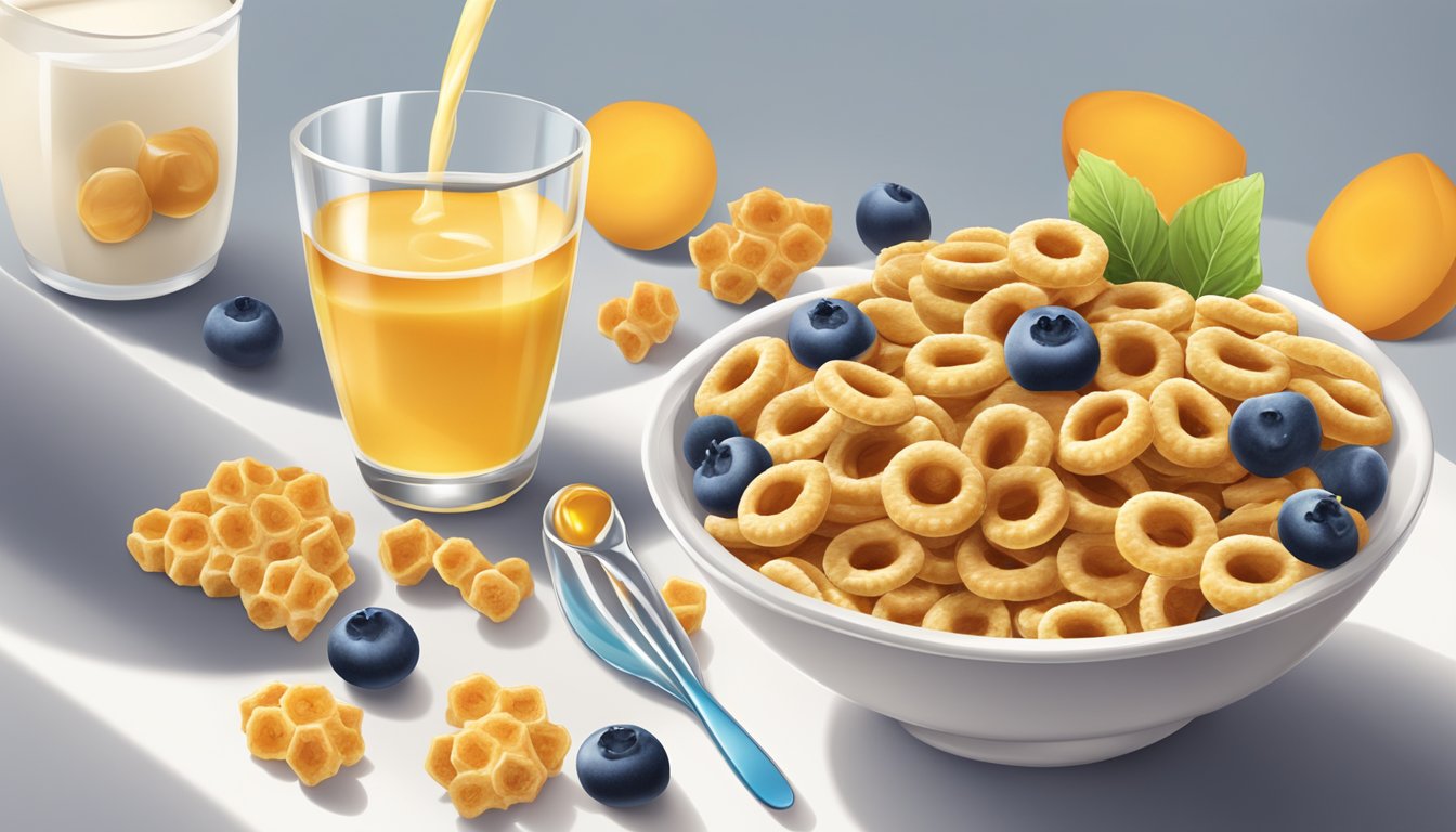 A bowl of honey nut cheerios and honeycomb cereal with milk, surrounded by fresh fruits and a glass of water