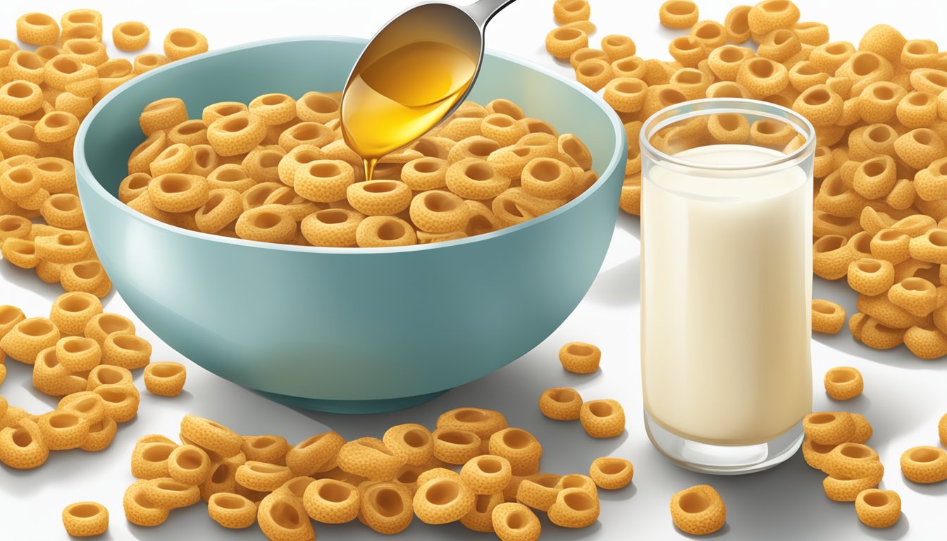 A bowl of honey nut cheerios and honeycomb next to each other, with a measuring cup of milk and a spoon