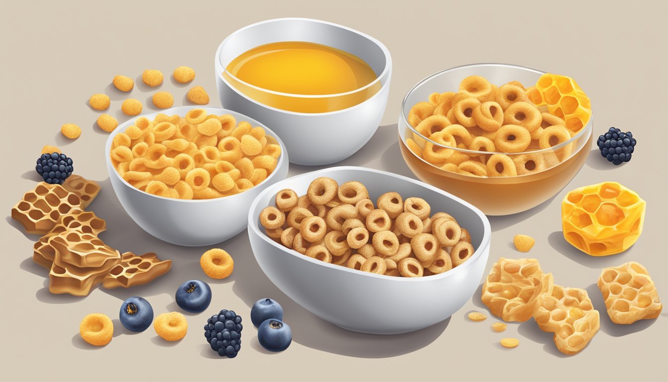 A bowl of Honey Nut Cheerios and a bowl of Honeycomb cereal, surrounded by a variety of fruits and a glass of milk