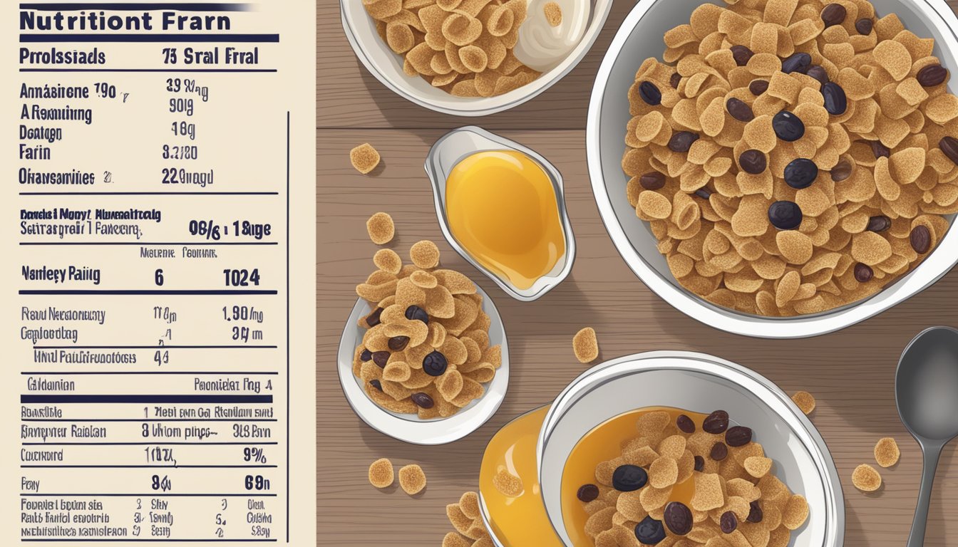 A bowl of honey ohs and a bowl of post raisin bran cereal next to each other with nutritional labels visible