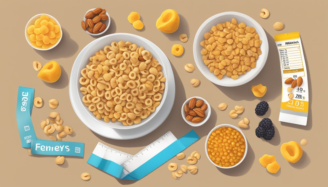 A bowl of Honey Nut Cheerios and Honeycomb cereal beside each other, surrounded by a tape measure, nutrition labels, and a pile of fresh fruits and nuts