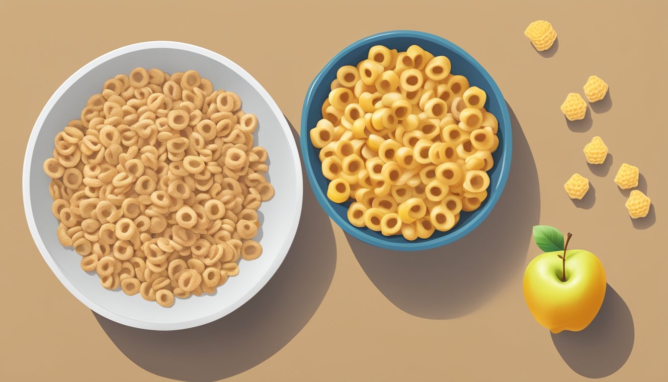 A bowl of honey nut cheerios and honeycomb cereal next to each other with a measuring tape and apple, indicating a comparison of healthiness