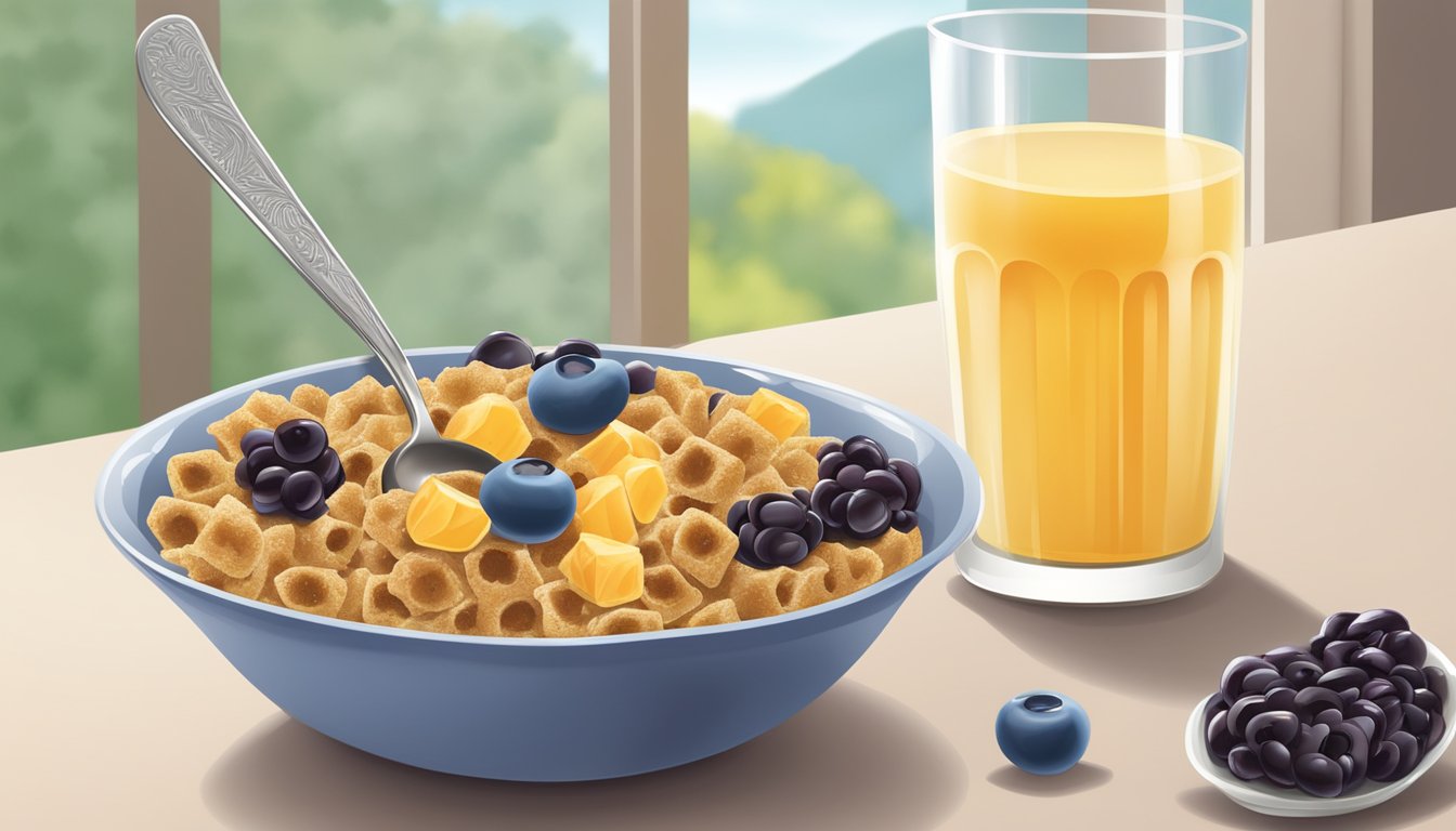 A bowl of honey ohs and a bowl of post raisin bran cereal with a spoon beside each, surrounded by fresh fruit and a glass of milk