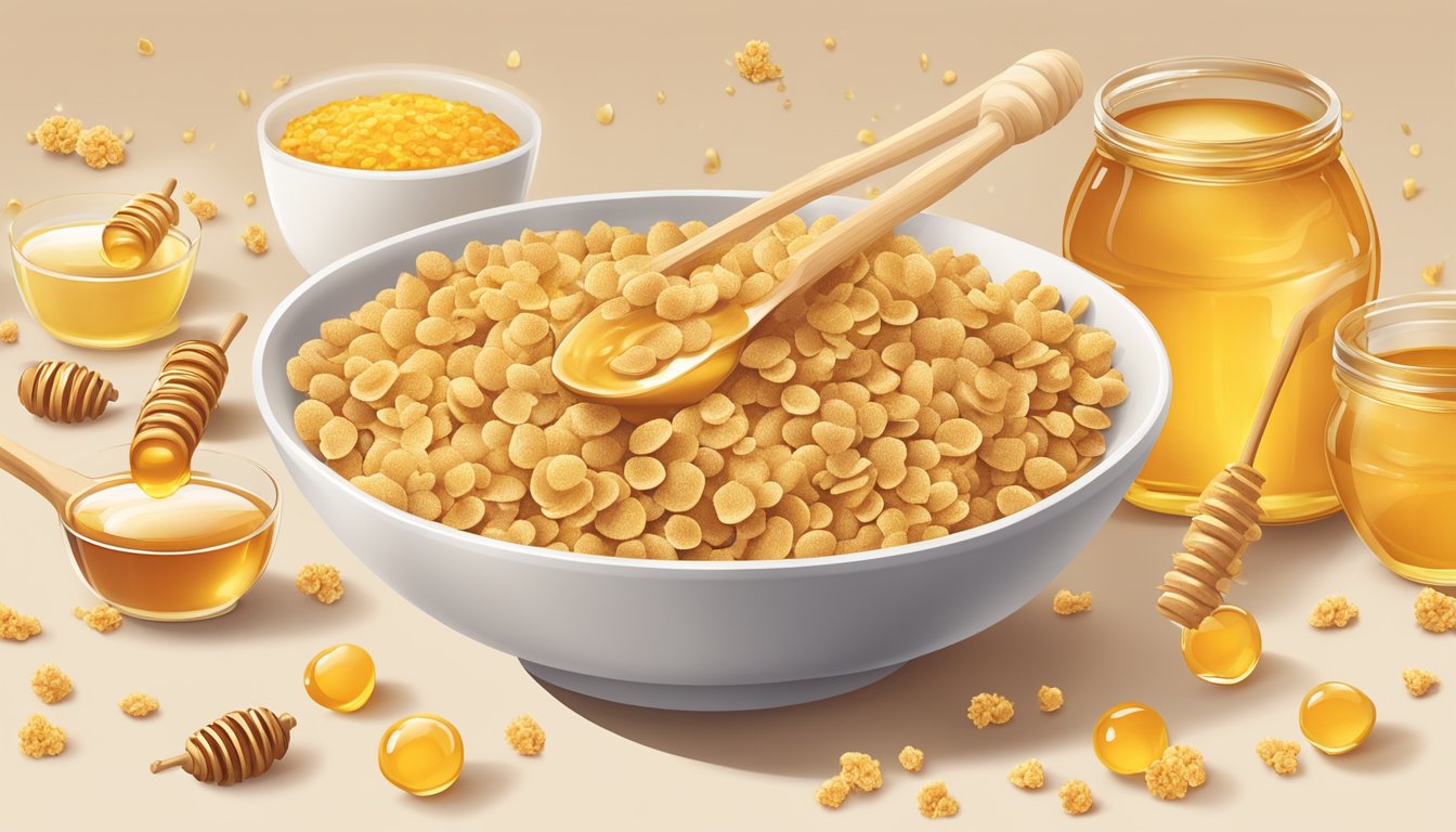 A bowl of honey ohs and special k cereal surrounded by scattered honey and grains