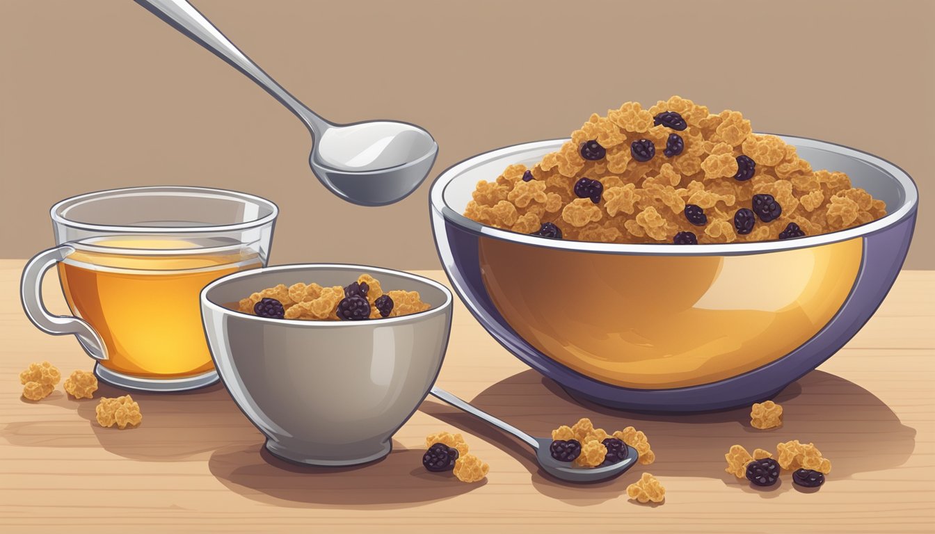 A bowl of honey ohs and a bowl of post raisin bran cereal next to each other, with a measuring cup and spoon nearby