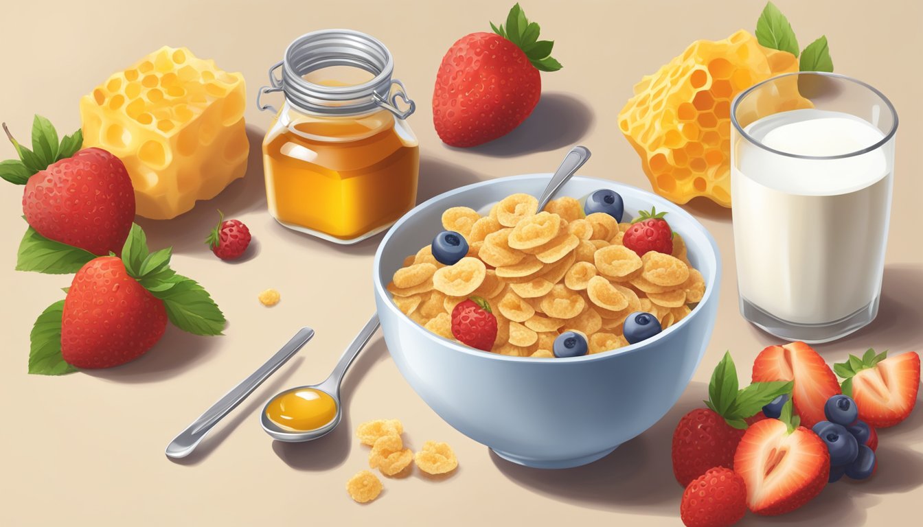 A bowl of Honey Ohs and Special K cereal side by side, with a glass of milk and a spoon, surrounded by fresh fruits and a measuring tape