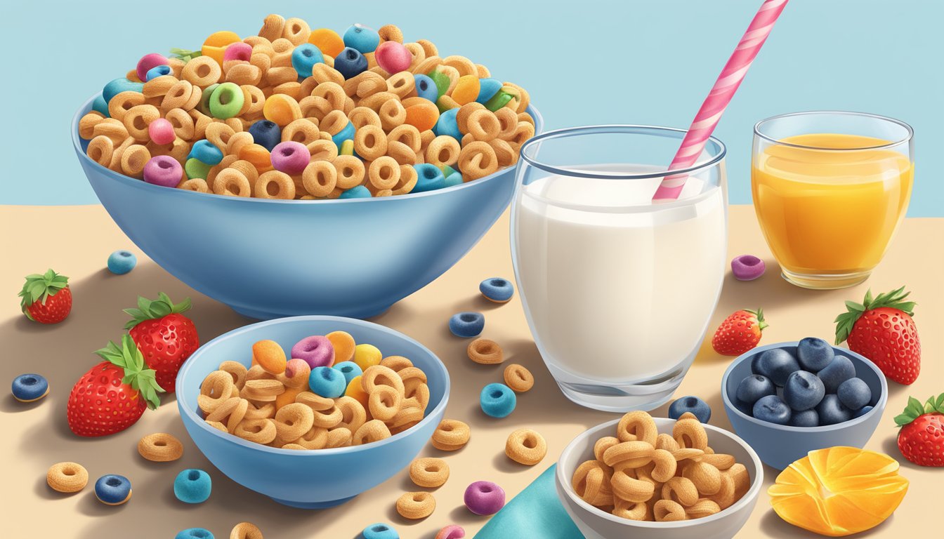 A bowl of Honey Nut Cheerios and a bowl of Kellogg's Froot Loops surrounded by a variety of fruits and a glass of milk